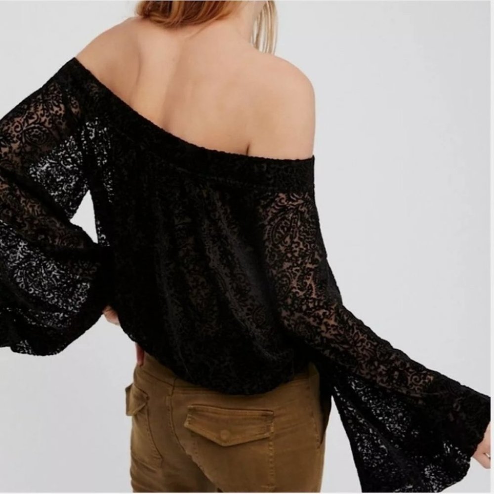 Free People Ginger Berry burnout velvet off the shoulder top black XS - Picture 3 of 12